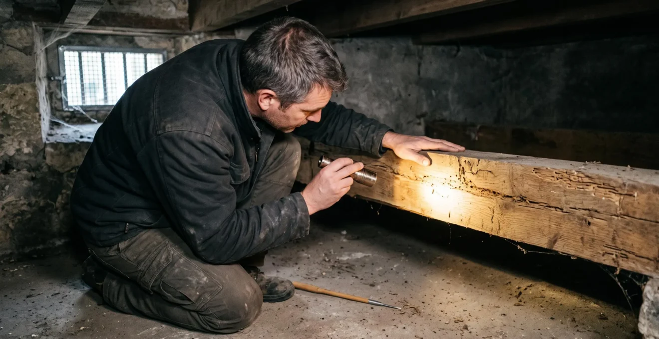 Un professionnel du diagnostic inspecte à la lampe torche une poutre en bois dans le vide sanitaire d'un appartement bordelais.