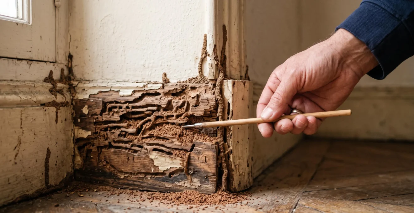 Galleries de termites visibles sur une plinthe en bois, avec une sonde en bois testant la consistance du matériau.